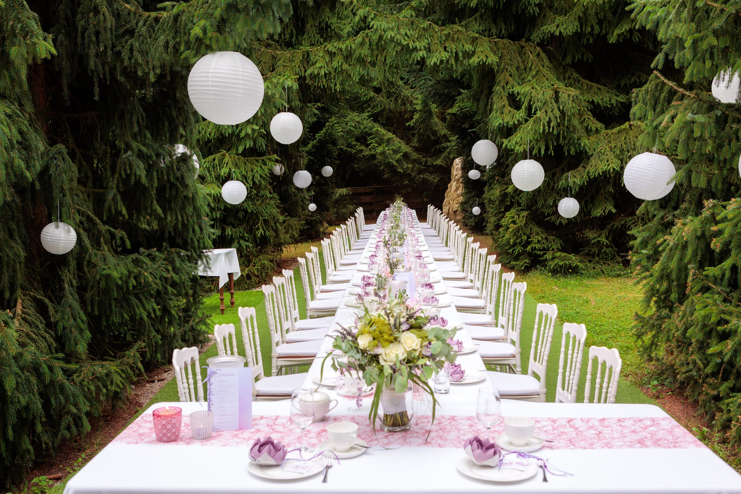 Lange, weiß eingedeckte Festtafel im Park mit Tannenwald